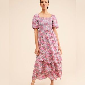 English Factory floral midi dress, smocking,  with puffy sleeves, some flounce!